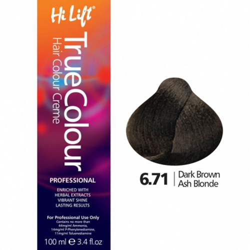 Hi Lift True Colour Permanent Hair Color Cream 6.71 Dark Brown Ash Blonde 100ml