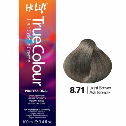 Hi Lift True Colour Permanent Hair Color Cream 8.71 Light Brown Ash Blonde 100ml